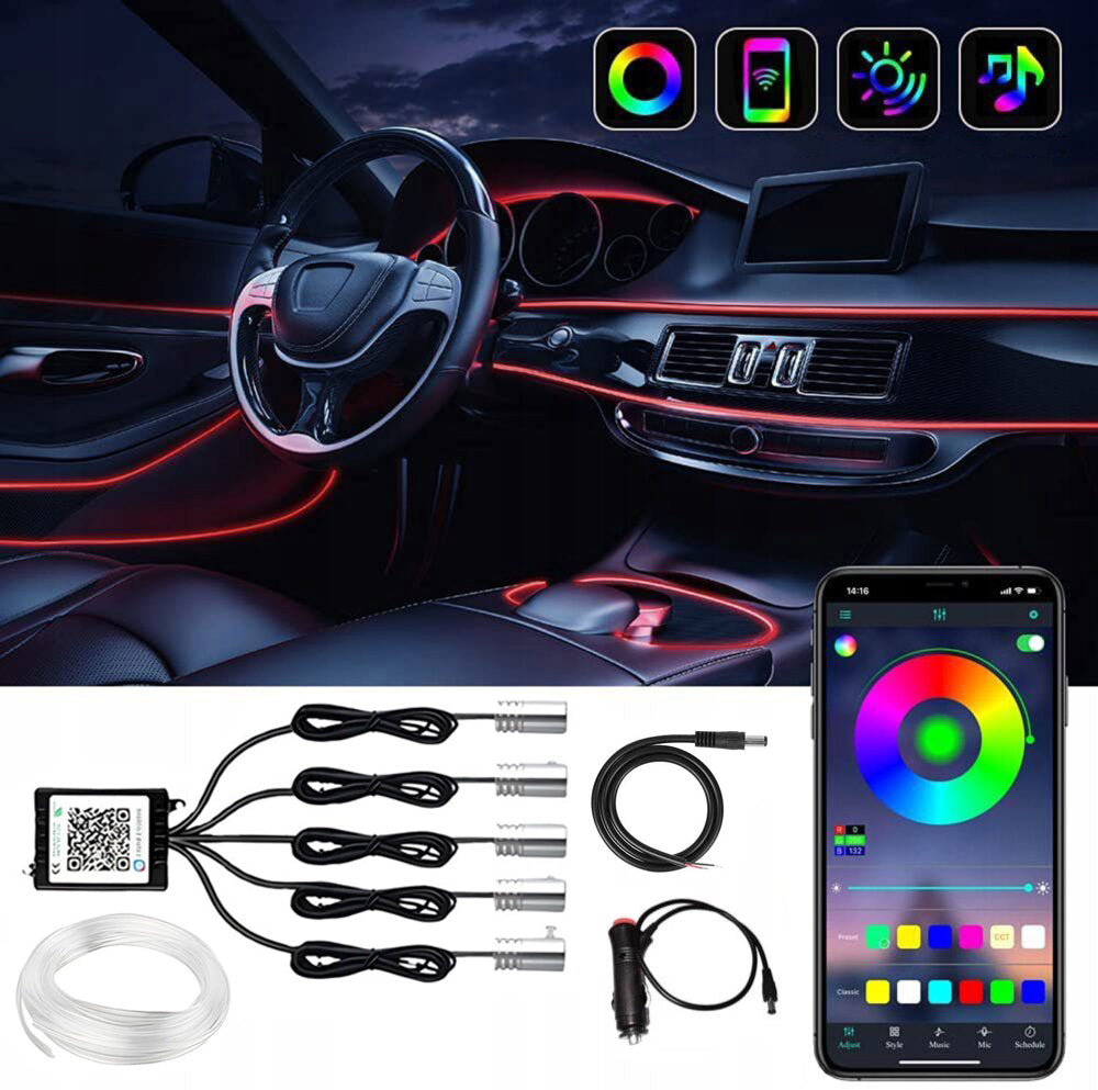 Kit lumini ambientale auto LED RGB, Zola, 7 m fibra optica, 12V, 5W, diferite moduri de iluminare, sincronizare pe muzica, 5 surse de lumina, 3 x 2 m, 2 x 4 m, conectare bluetooth si aplicatie Kit lumini ambientale auto LED RGB, Zola, 7 m fibra optica, 12V, 5W, diferite moduri de iluminare, sincronizare pe muzica, 5 surse de lumina, 3 x 2 m, 2 x 4 m, conectare bluetooth si aplicatie